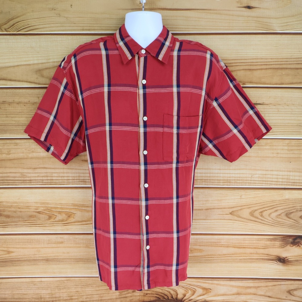 Nautica Short Sleeve Button Up Shirt Mens L Red Plaid Linen Blend Point Collar